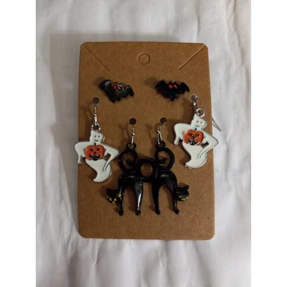 Halloween Earrings Set of 3 Bats Ghosts Black Cats - Picture 1 of 4